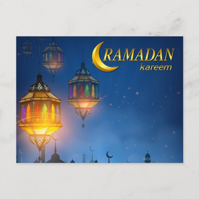 Postal Faroles de colores azules de Ramadán (Anverso)