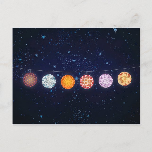 Postal Faroles de papel con patrón y cielo estrellado (Anverso)