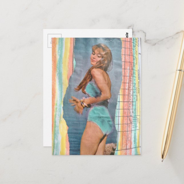 Postal Fashion model Woman in 1957 on the beach collage (Anverso/Reverso In Situ)