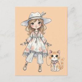 Postal Fashionable girl strolling with her cat