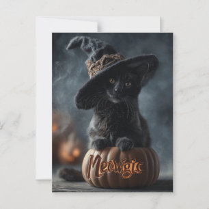 Postal Fastidioso gato negro "meowgic" en un Gorra de bru