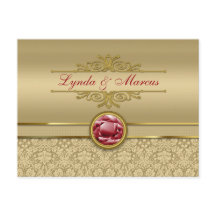 Faux Dark Ruby Red Gemstone Metallic Gold Damask