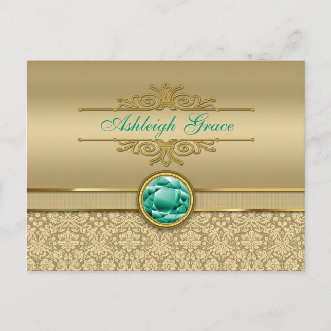 Postal Faux Emerald Gemstone Metallic Shiny Gold Damask (Anverso)