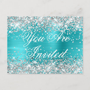 Postal Faux Glitter Plateado Turquesa Azul Cumpleaños Dul