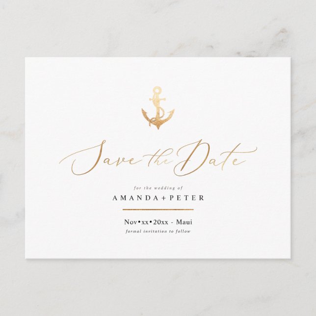Postal Faux Gold Anchor, Nautical Save the Date (Anverso)