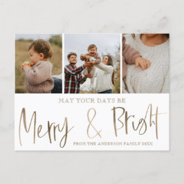 Postal Faux Gold de Merry y Bright 3 Navidades de fotogra