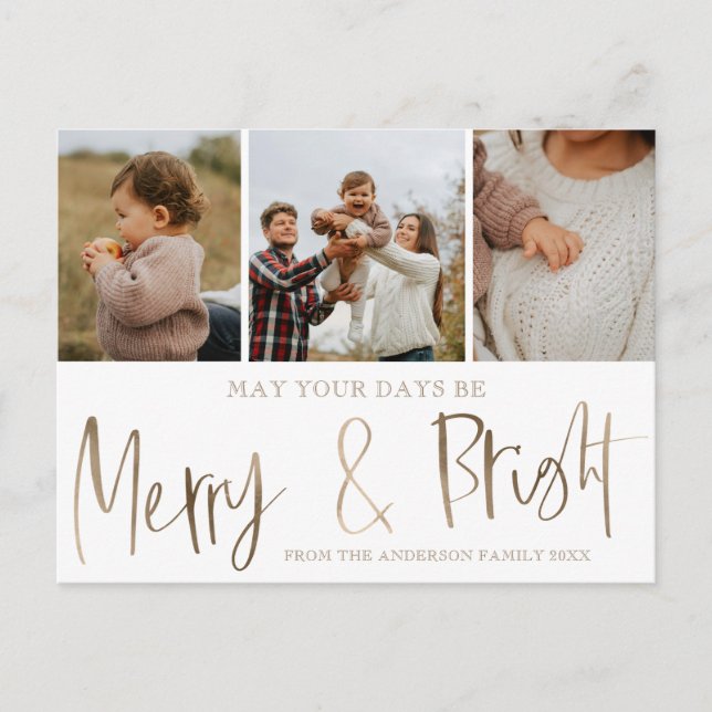 Postal Faux Gold de Merry y Bright 3 Navidades de fotogra (Anverso)