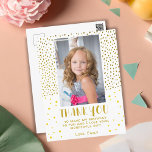 Postal Faux Purpurina de oro Chica de niños cumpleaños<br><div class="desc">Falso Purpurina del Día del Aniversario Niños Chica Foto Gracias Postcard. Agradable cumpleaños gracias postal por sus amigos y familiares. Sube tu foto y personaliza la postal con tu nombre y texto. La carta tiene estrellas doradas y puntos purpurinas falsos. Excelente como tarjeta de agradecimiento para chicas.</div>