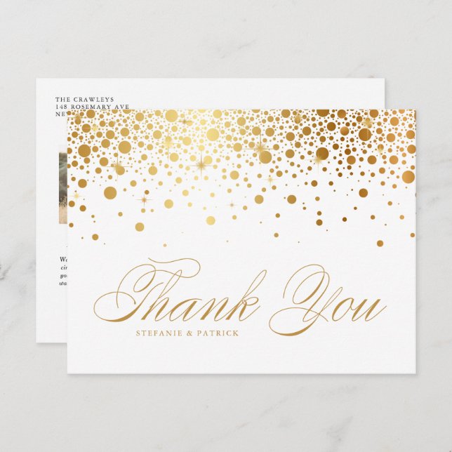 Postal Faux Relieve metalizado dorado Confetti Photo Boda (Anverso / Reverso)