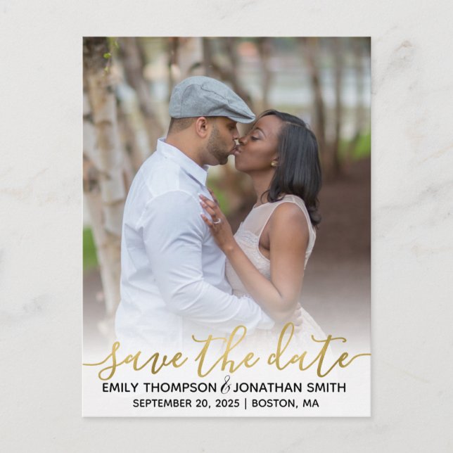 Postal Faux Relieve metalizado dorado Photo Save the Date (Anverso)