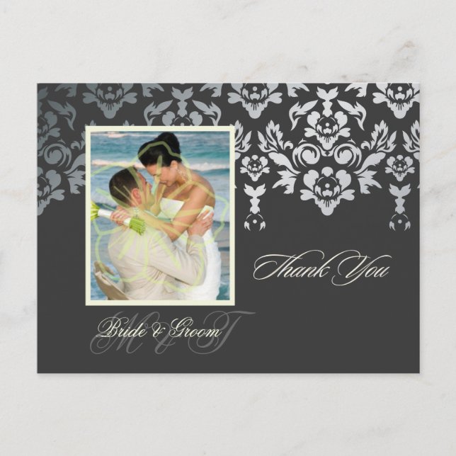 Postal Faux Silver Damask Lace Gracias Photo/DIY color (Anverso)