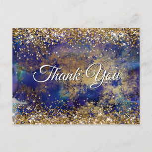 Postal Faux Sparkly Gold Purpurina Indigo Marble Gracias