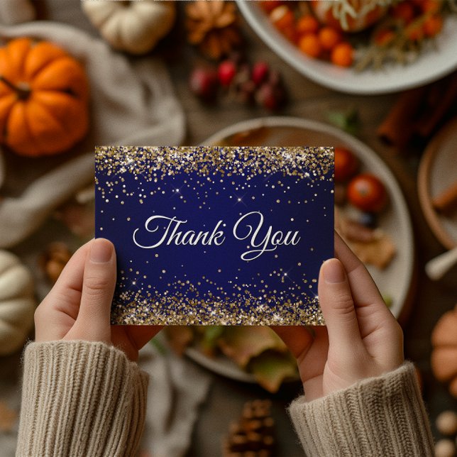 Postal Faux Sparkly Gold Purpurina Navy Blue Gracias (Faux Sparkly Gold Glitter Navy Blue Thank You Postcard)