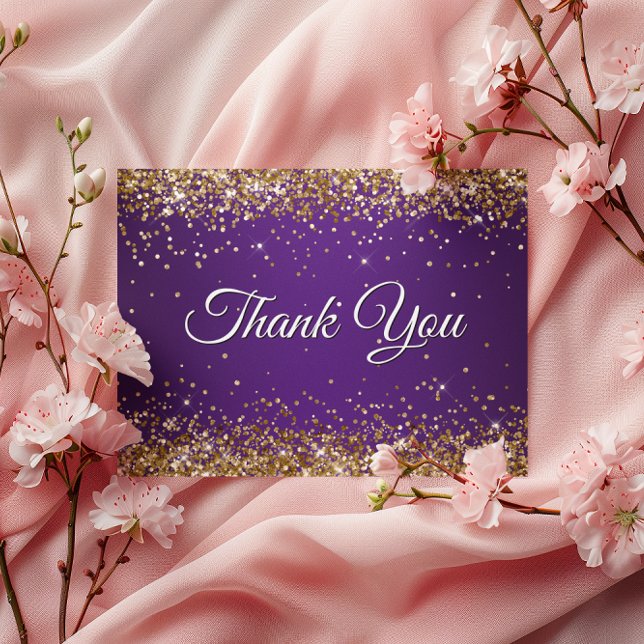Postal Faux Sparkly Gold Purpurina Royal Purple Gracias (Faux Sparkly Gold Glitter Purple Thank You Postcard)