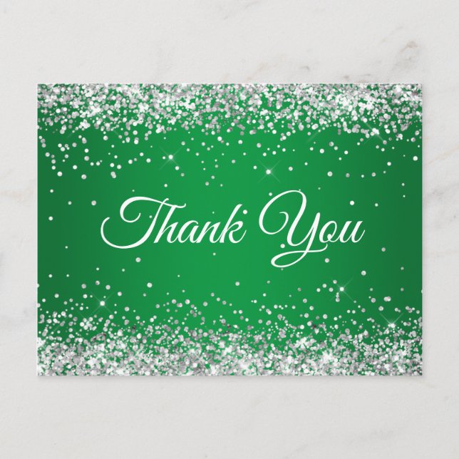 Postal Faux Sparkly Silver Purpurina Bright Green Gracias (Anverso)