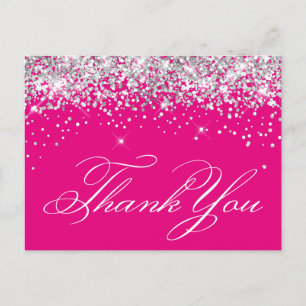 Postal Faux Sparkly Silver Purpurina Hot Pink Gracias
