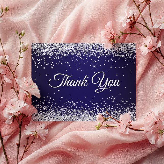 Postal Faux Sparkly Silver Purpurina Navy Blue Gracias (Faux Sparkly Silver Glitter Navy Blue Thank You Postcard)