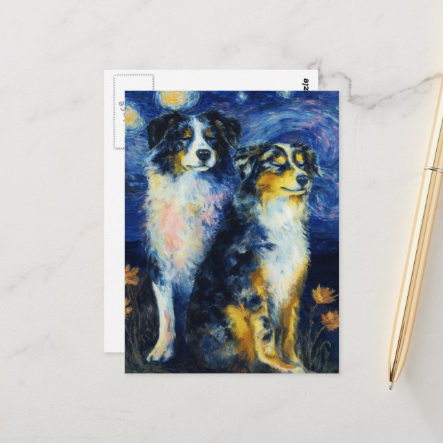 Postal Faux Van Gogh Two Austrailian Shepherds (Anverso/Reverso In Situ)