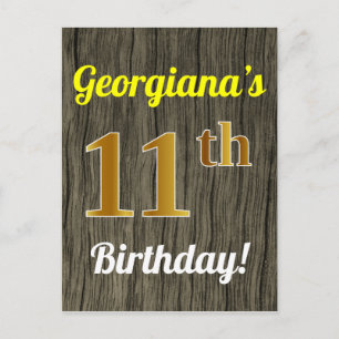 Postal Faux Wood, Faux Gold 11th Birthday & Custom Name