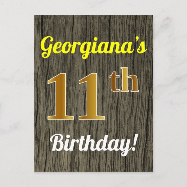 Postal Faux Wood, Faux Gold 11th Birthday & Custom Name (Anverso)