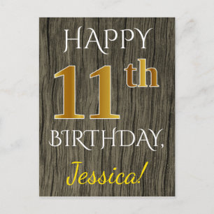 Postal Faux Wood, Faux Gold 11th Birthday + Custom Name