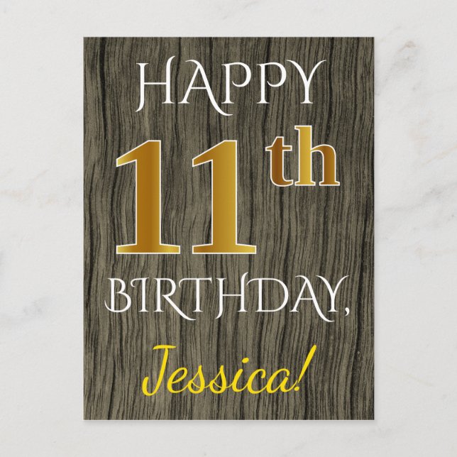 Postal Faux Wood, Faux Gold 11th Birthday + Custom Name (Anverso)