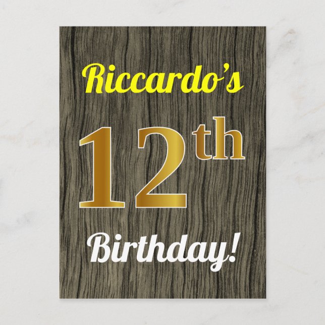 Postal Faux Wood, Faux Gold 12th Birthday & Custom Name (Anverso)