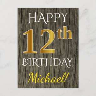 Postal Faux Wood, Faux Gold 12th Birthday + Custom Name