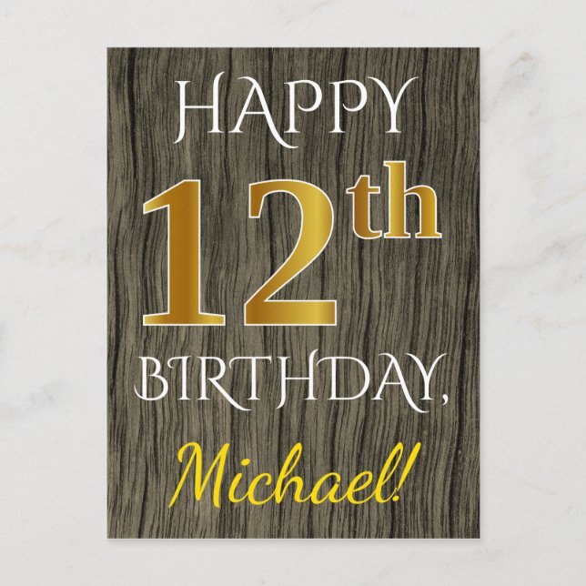 Postal Faux Wood, Faux Gold 12th Birthday + Custom Name (Anverso)
