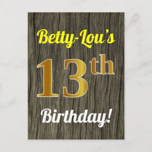 Postal Faux Wood, Faux Gold 13th Birthday & Custom Name