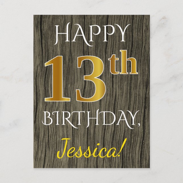 Postal Faux Wood, Faux Gold 13th Birthday + Custom Name (Anverso)