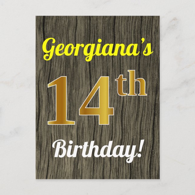 Postal Faux Wood, Faux Gold 14th Birthday & Custom Name (Anverso)