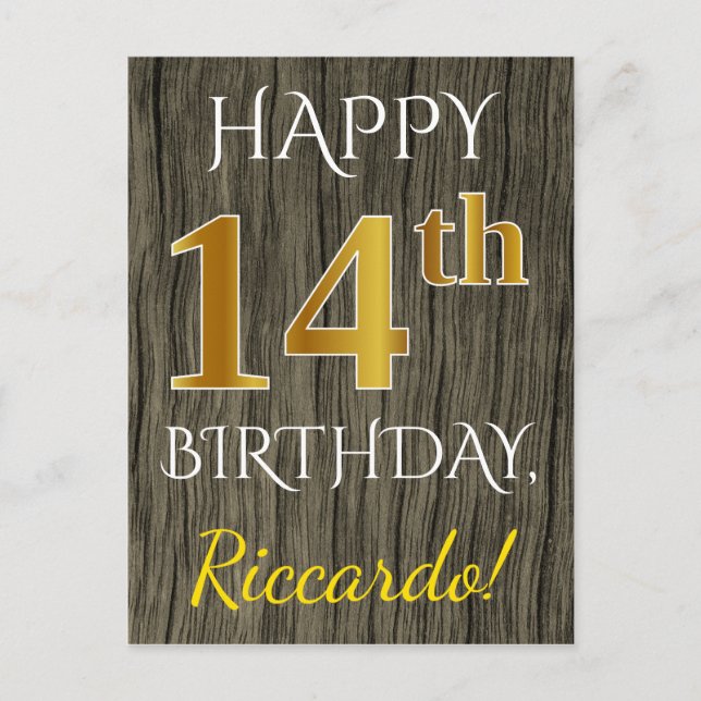Postal Faux Wood, Faux Gold 14th Birthday + Custom Name (Anverso)