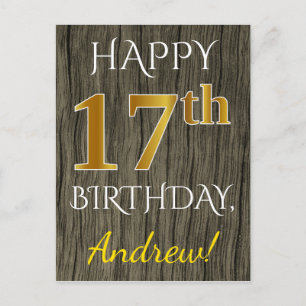 Postal Faux Wood, Faux Gold 17th Birthday + Custom Name