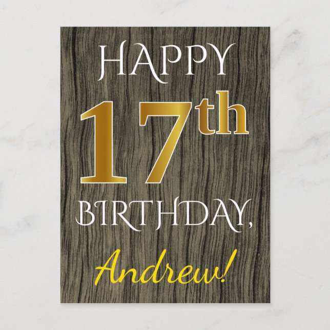 Postal Faux Wood, Faux Gold 17th Birthday + Custom Name (Anverso)
