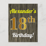 Postal Faux Wood, Faux Gold 18th Birthday & Custom Name<br><div class="desc">Este diseño de postal sencillo, personalizado y con temática de cumpleaños incluye un mensaje de personalizable como "¡El 18 cumpleaños de Alexander!" en la parte delantera, donde se puede cambiar el nombre, y con el "18" que tiene un aspecto falso dorado. En la parte delantera también hay un fondo de...</div>
