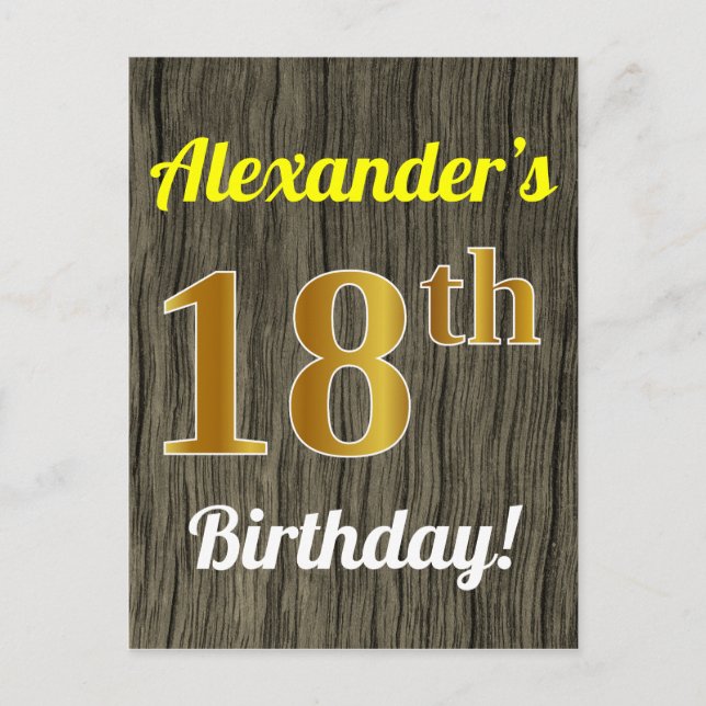 Postal Faux Wood, Faux Gold 18th Birthday & Custom Name (Anverso)