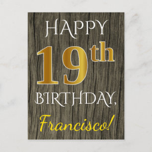 Postal Faux Wood, Faux Gold 19th Birthday + Custom Name