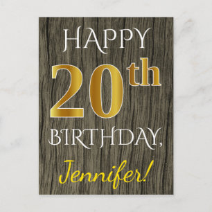 Postal Faux Wood, Faux Gold 20th Birthday + Custom Name