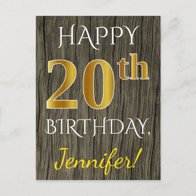 Postal Faux Wood, Faux Gold 20th Birthday + Custom Name (Anverso)
