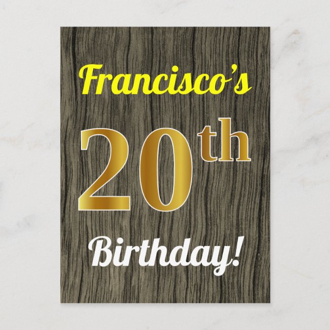 Postal Faux Wood, Faux Gold 20th Birthday & Custom Name (Anverso)