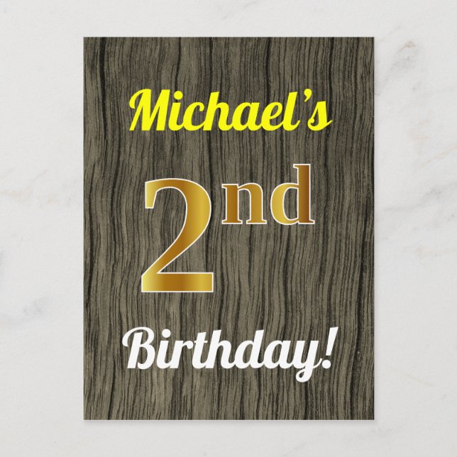 Postal Faux Wood, Faux Gold 2Birthday & Custom Name (Anverso)