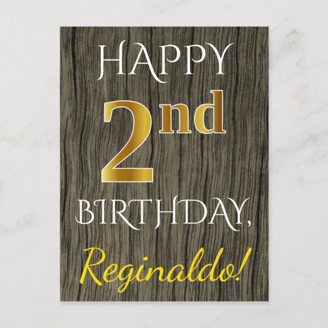 Postal Faux Wood, Faux Gold 2Cumpleaños + Custom Name (Anverso)