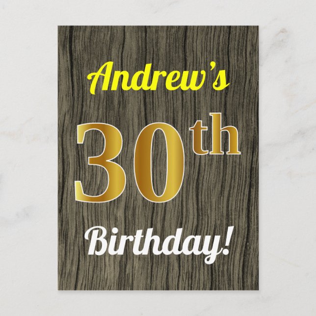 Postal Faux Wood, Faux Gold 30th Birthday & Custom Name (Anverso)