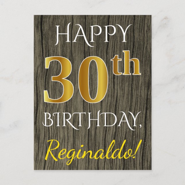 Postal Faux Wood, Faux Gold 30th Birthday + Custom Name (Anverso)