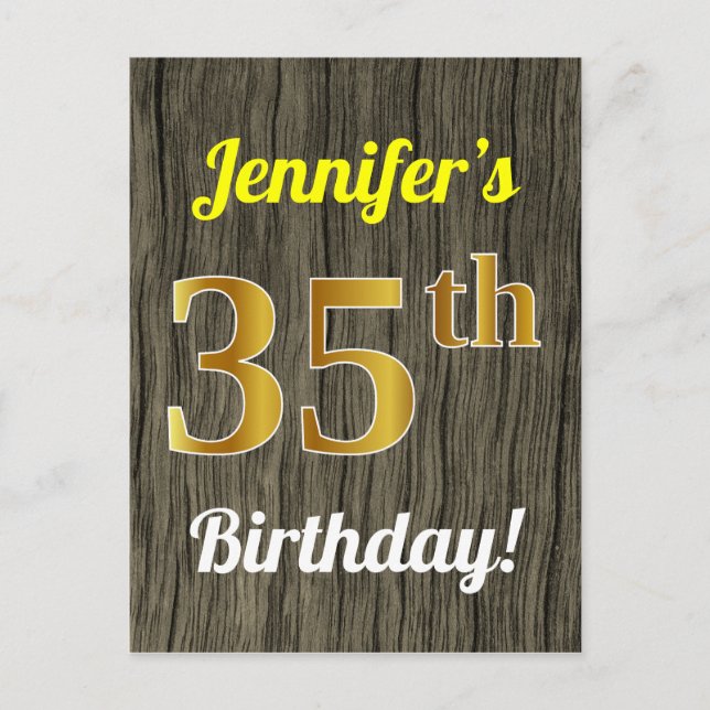 Postal Faux Wood, Faux Gold 35th Birthday & Custom Name (Anverso)
