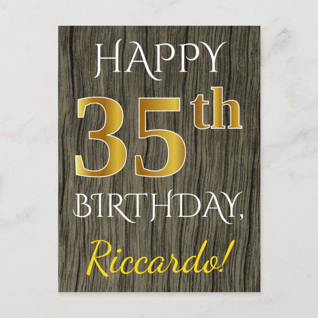 Postal Faux Wood, Faux Gold 35th Birthday + Custom Name (Anverso)