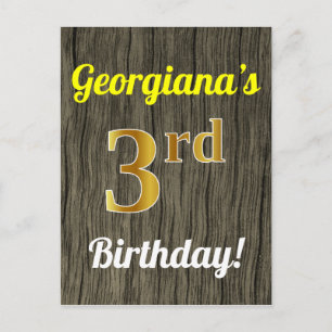 Postal Faux Wood, Faux Gold 3Birthday & Custom Name