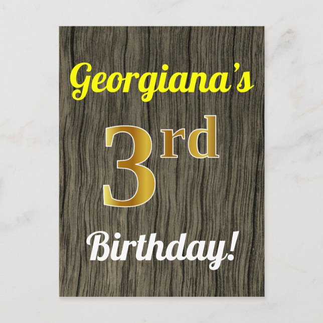 Postal Faux Wood, Faux Gold 3Birthday & Custom Name (Anverso)