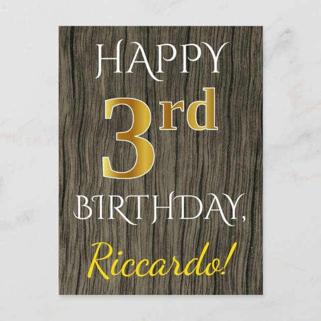 Postal Faux Wood, Faux Gold 3Cumpleaños + Custom Name (Anverso)
